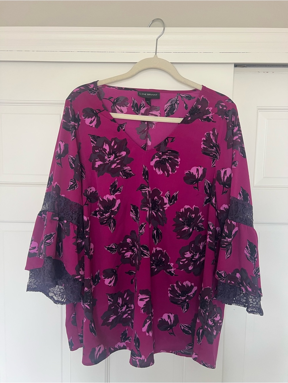 Lane Bryant Magenta Floral Bell Sleeve Blouse with Black Lace